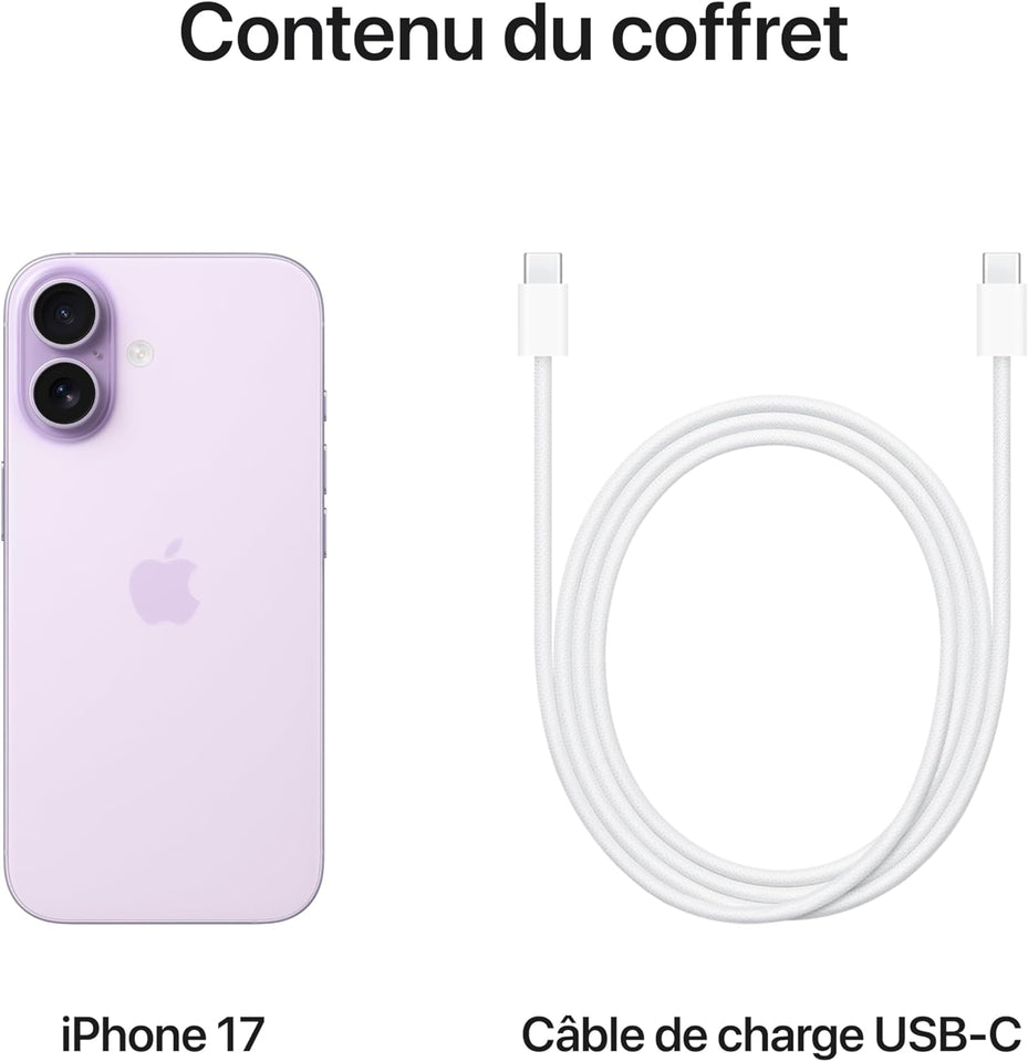 Apple iPhone 17 256 Go : Écran 6,3 Pouces, Puce A19, Caméra Avant Center Stage, Meilleure résistance aux Rayures, Autonomie d’Une journée ; Lavande
