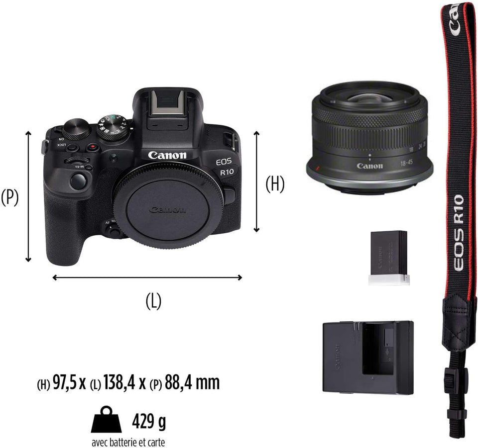 Canon EOS R10 Appareil Photo Hybride Format APS-C 24 Mpixels Noir Plus Objectif Canon RF-S 18-45mm F4.5-6.3 is STM Standard