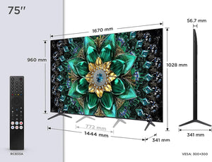 TCL 75Q6C QD-Mini LED TV, 4K HDR Premium 1000nits, Smart TV alimenté par Google (Dolby Vision IQ et Atmos, système Audio Onkyo 2.1, Motion Clarity Pro 144Hz, Game Master, contrôle Vocal Mains Libres)