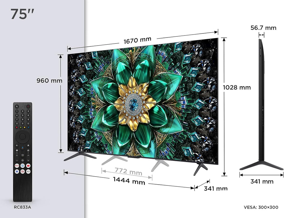 TCL 75Q6C QD-Mini LED TV, 4K HDR Premium 1000nits, Smart TV alimenté par Google (Dolby Vision IQ et Atmos, système Audio Onkyo 2.1, Motion Clarity Pro 144Hz, Game Master, contrôle Vocal Mains Libres)