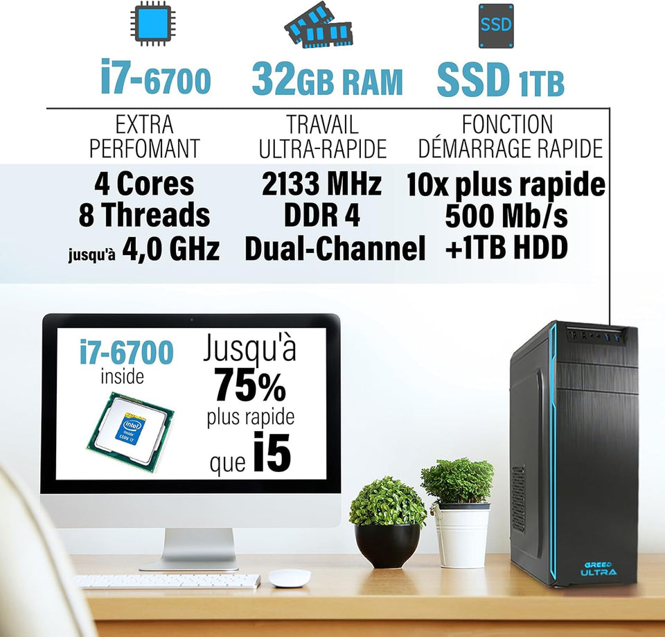 GREED® Ultra PC - Intel Core i7 - Ordinateur Rapide pour Le Bureau et Le Home Office - Ordinateur avec 4,0 GHZ - 32 GB RAM - 1TB SSD + 1TB HDD - DVD - USB 3.0 - WLAN - INCL. Windows 11 Pro