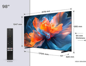 TCL 98T8C 98" QLED 4K HDR Ultra HD TV, Smart TV Powered by Google TV (Dolby Vision & Atmos, 144Hz Motion Clarity Pro, FreeSync, Onkyo 2.1 Sound, Voice Control)