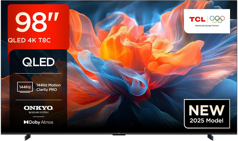 TCL 98T8C 98" QLED 4K HDR Ultra HD TV, Smart TV Powered by Google TV (Dolby Vision & Atmos, 144Hz Motion Clarity Pro, FreeSync, Onkyo 2.1 Sound, Voice Control)