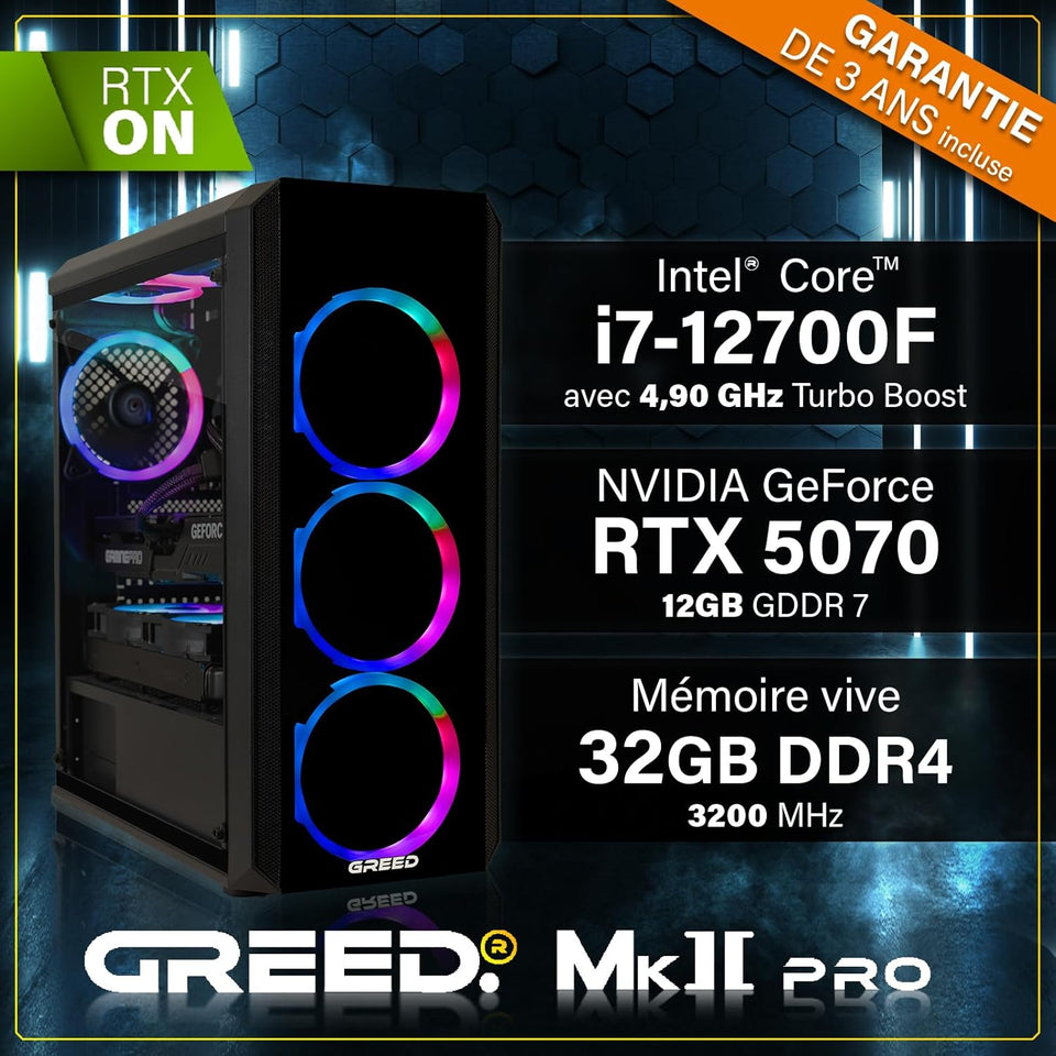 Greed® MK2 Pro - High End PC Gamer - Intel Core i7-12700F + Nvidia Geforce RTX 5070 - Ordinateur Rapide + PC Gaming 4K - 4,9 GHZ - 32Go DDR4 RAM - Refroidissement par Eau - 1TB SSD - WLAN + W11 Pro