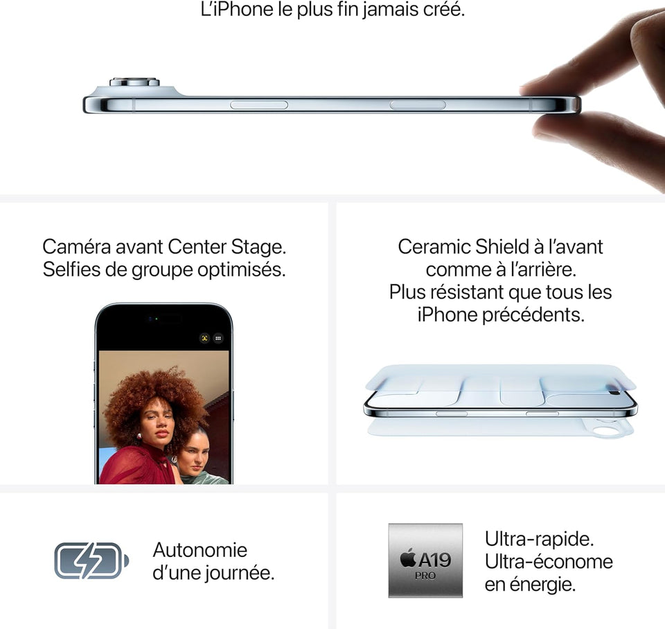 Apple iPhone Air 256 Go : Le Plus Fin des iPhone, Écran 6,5 Pouces Jusqu’à 120 Hz, Puissante Puce A19 Pro, Caméra Avant Center Stage, Autonomie d’Une journée ; Ciel