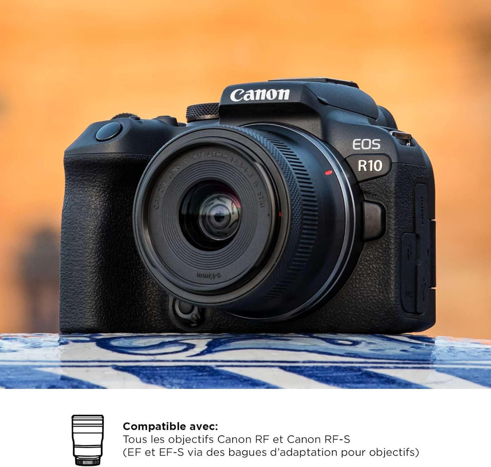 Canon EOS R10 Appareil Photo Hybride Format APS-C 24 Mpixels Noir Plus Objectif Canon RF-S 18-45mm F4.5-6.3 is STM Standard