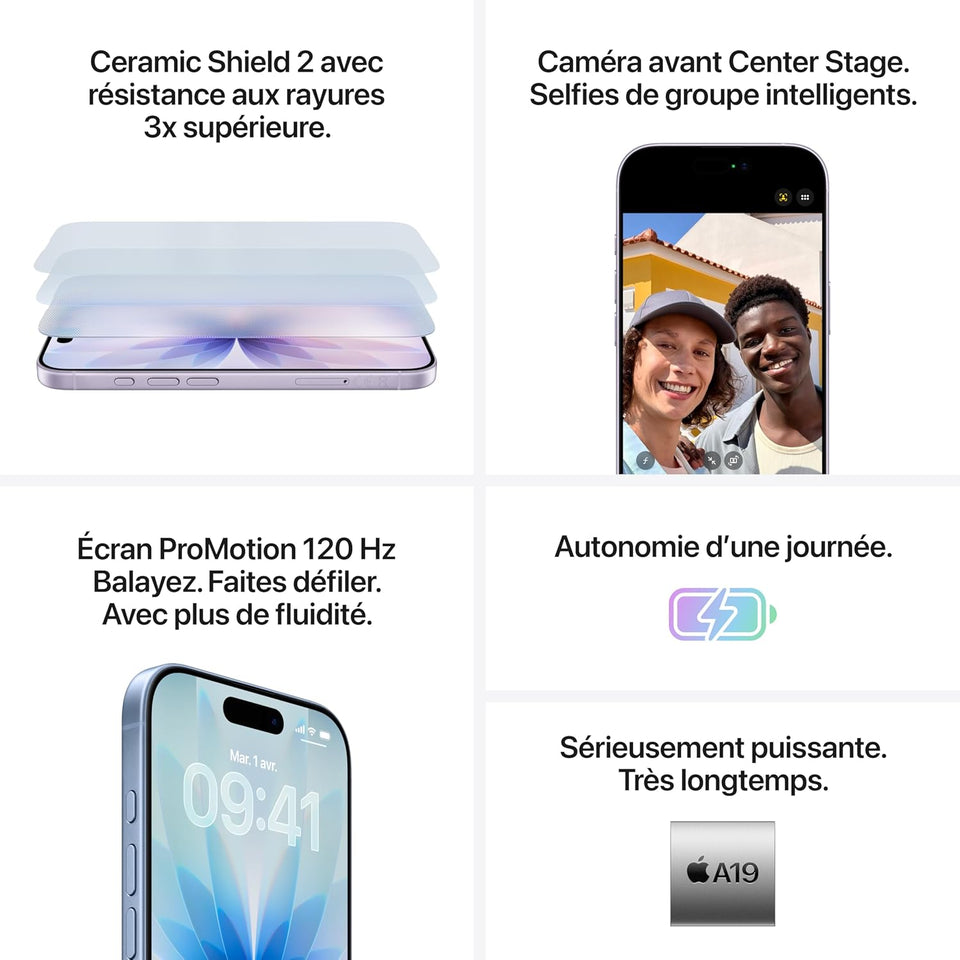 Apple iPhone 17 256 Go : Écran 6,3 Pouces, Puce A19, Caméra Avant Center Stage, Meilleure résistance aux Rayures, Autonomie d’Une journée ; Lavande