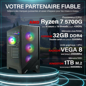 HYPER BYTE® Basic Gaming PC - Ordinateur avec AMD Ryzen 7 5700G avec 4,6 GHz | Radeon Vega 8 | 32GO DDR4 RAM | 1TB SSD | Silent Water Cooling | Gamer Tower Desktop | WLAN | Win11 Pro
