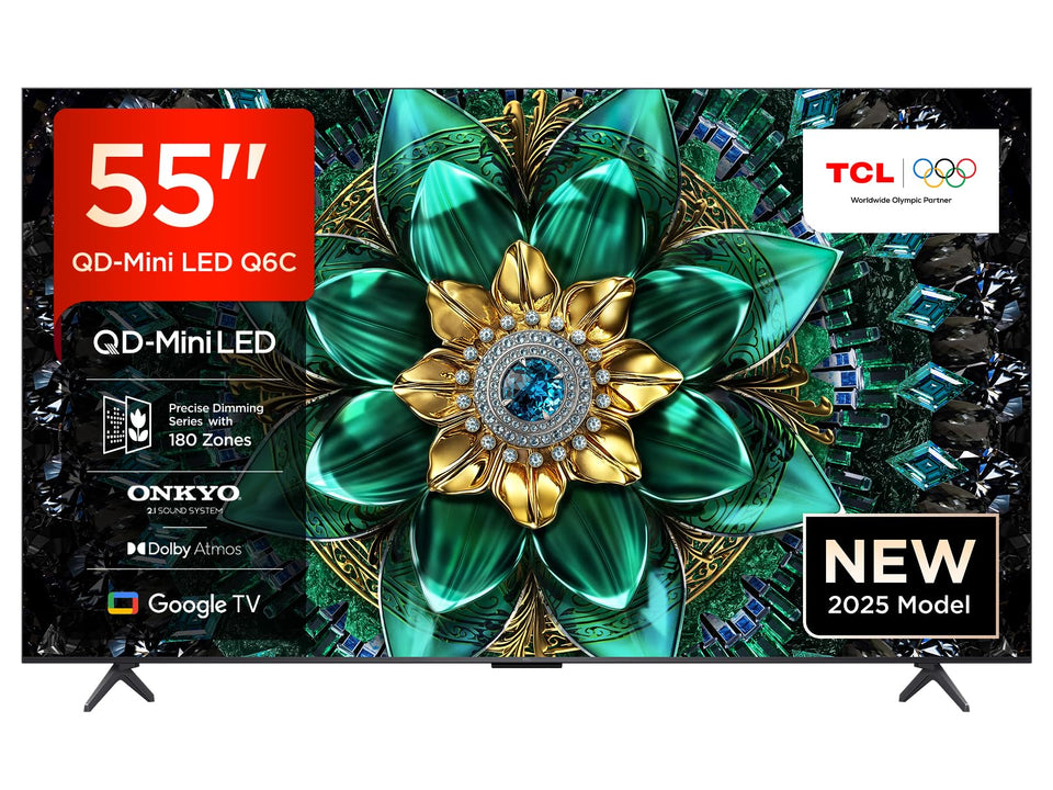 TCL 75Q6C QD-Mini LED TV, 4K HDR Premium 1000nits, Smart TV alimenté par Google (Dolby Vision IQ et Atmos, système Audio Onkyo 2.1, Motion Clarity Pro 144Hz, Game Master, contrôle Vocal Mains Libres)