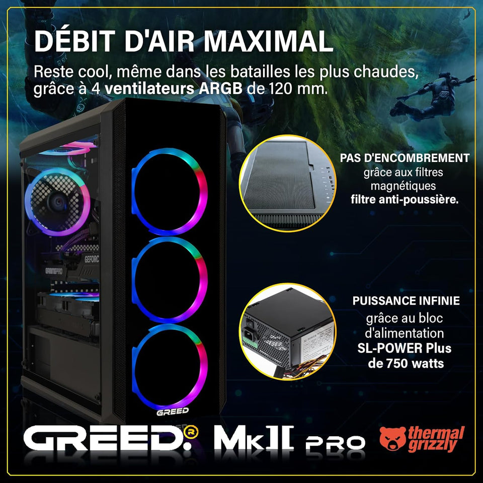 Greed® MK2 Pro - High End PC Gamer - Intel Core i7-12700F + Nvidia Geforce RTX 5070 - Ordinateur Rapide + PC Gaming 4K - 4,9 GHZ - 32Go DDR4 RAM - Refroidissement par Eau - 1TB SSD - WLAN + W11 Pro