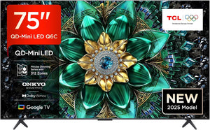 TCL 75Q6C QD-Mini LED TV, 4K HDR Premium 1000nits, Smart TV alimenté par Google (Dolby Vision IQ et Atmos, système Audio Onkyo 2.1, Motion Clarity Pro 144Hz, Game Master, contrôle Vocal Mains Libres)