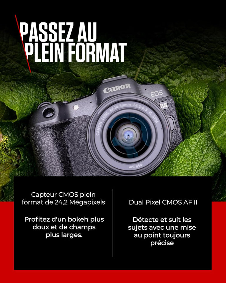 Canon EOS R8 + RF 24-50mm F4.5-6.3 - Appareil Photo Numérique Hybride - Capteur CMOS Plein Format 24,2 Mpx - Appareil Photo Dual Pixel CMOS AF II - Écran Tactile LCD - Compatibilité UVC-UAC